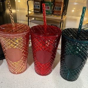 Starbucks 3 Grande Cups 2021 Red, Rose Gold & Green Combo Crystals Studded